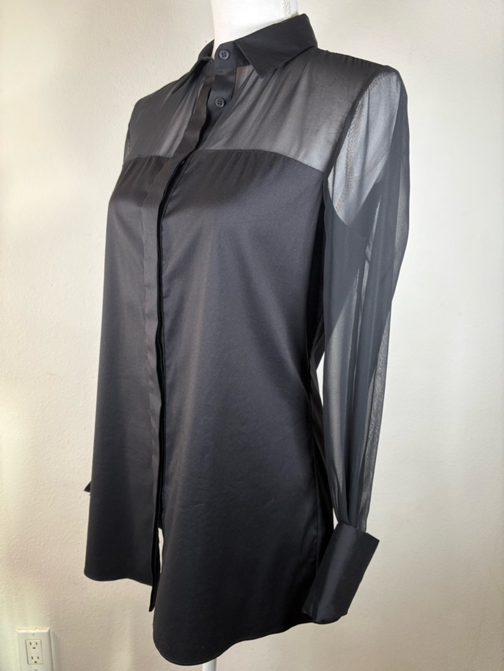 alice + olivia black sheer yoke button front blouse top - Picture 4 of 5